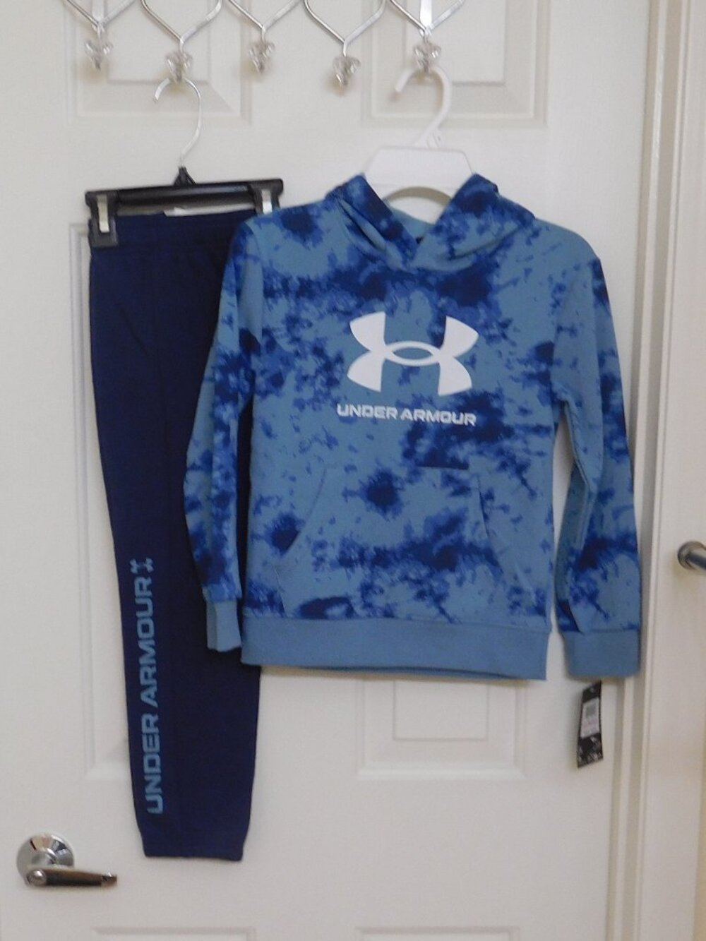 NWT 2pc Under Armour Blue Navy White Logo Hooded Sweatshirt & Joggers sz 5